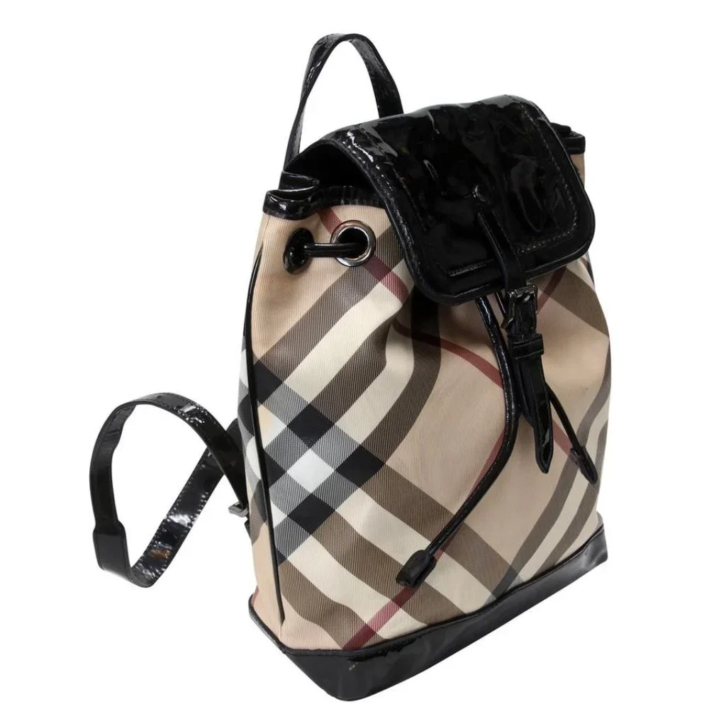 Burberry Drawstring Check Trim Coated Leather Supernova Backpack BB-0317N-0070 - Picture 2 of 11